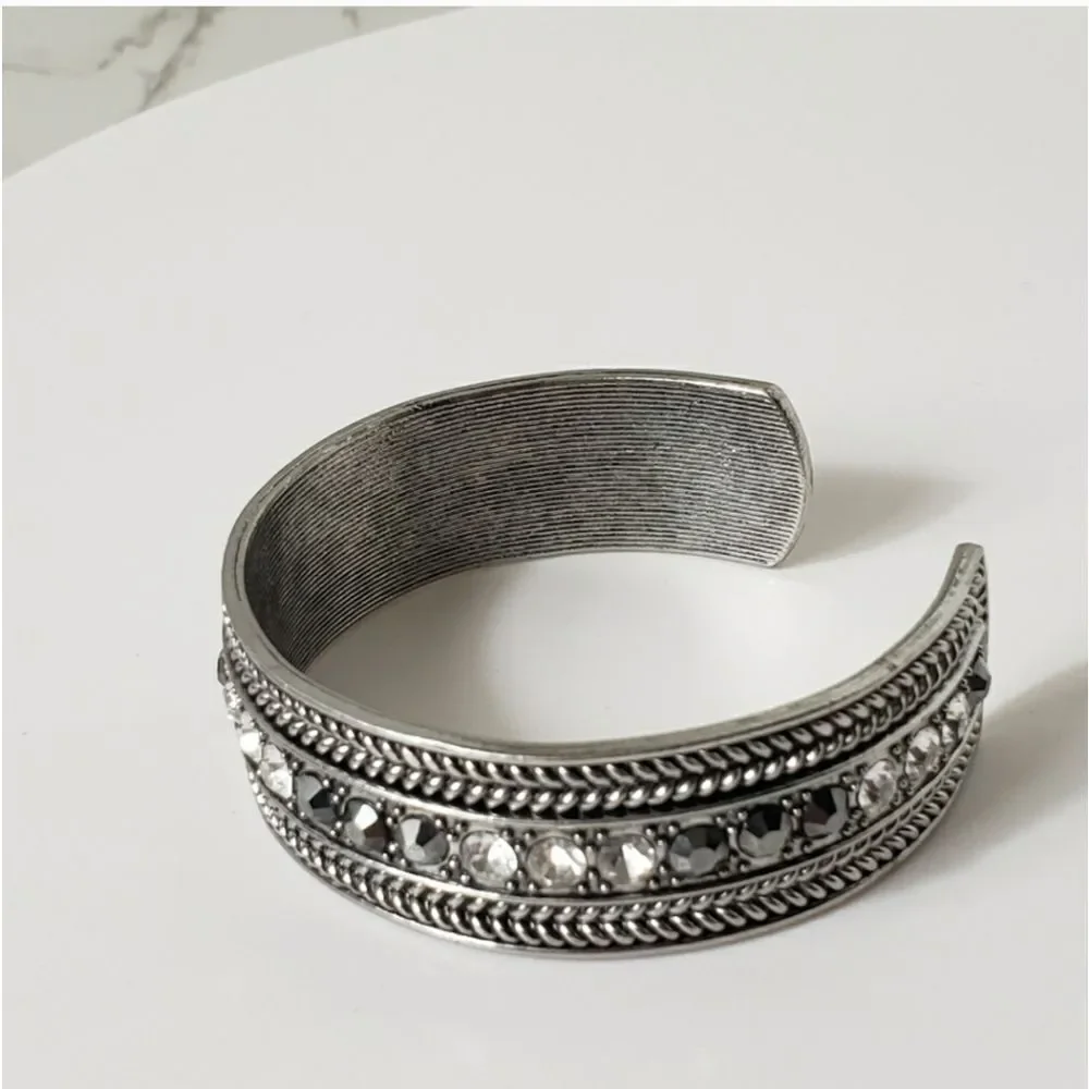STAINLESS STEEL Crystal Embellished Metal Cuff Bracelet